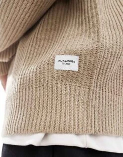 Jack & Jones Ribbed Fisherman Quarter Zip Jumper In Beige For Men Crockery -Men Style Shop 206825110 3
