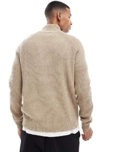 Jack & Jones Ribbed Fisherman Quarter Zip Jumper In Beige For Men Crockery -Men Style Shop 206825110 4