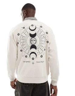 Jack & Jones Drop Shoulder Crew Neck Sweat With Celestial Back Print In Beige For Men Crockery