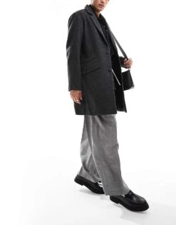 Jack & Jones Wool Blend Overcoat In Grey Herringbone For Men Dark Grey Melange: H