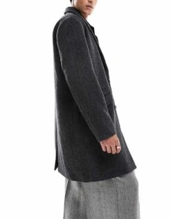 Jack & Jones Wool Blend Overcoat In Grey Herringbone For Men Dark Grey Melange: H -Men Style Shop 206825362 4