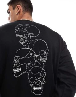 Jack & Jones Drop Shoulder Crew Neck Sweat With Skull Back Print In Black For Men -Men Style Shop 206825401 1 black 1