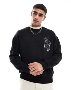 Jack & Jones Drop Shoulder Crew Neck Sweat With Skull Back Print In Black For Men -Men Style Shop 206825401 3
