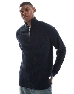 Jack & Jones Ribbed Fisherman Quarter Zip Jumper In Navy For Men Navy Blazer