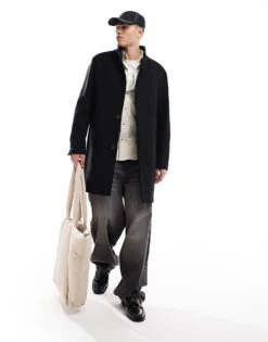 Jack & Jones Wool Funnel Overcoat In Dark Grey Houndtooth For Men Black