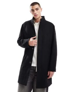 Jack & Jones Wool Funnel Overcoat In Dark Grey Houndtooth For Men Black -Men Style Shop 206955778 3