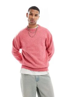 Jack & Jones Oversized Fluffy Crew Neck Jumper In Pink For Men Fuchsia Rose