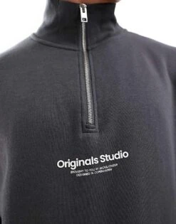 Jack & Jones Half Zip Sweat With Originals Logo In Dark Grey For Men Iron Gate -Men Style Shop 206956061 4