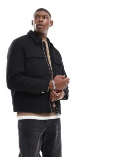 Jack & Jones Wool Mix Cropped Jacket With Pockets In Black For Men