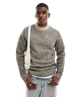Jack & Jones Crew Neck Nep Jumper In Beige & Black For Men Peyote Black Neps