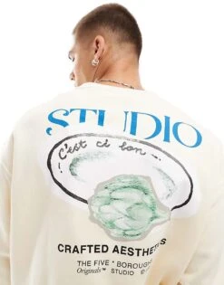 Jack & Jones Oversized Artichoke Back Print Sweat In Off White For Men Antique White -Men Style Shop 206957441 3