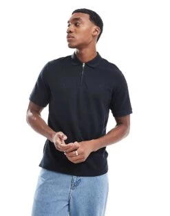 Jack & Jones Waffle Zip Up Polo In Black For Men Black Beauty -Men Style Shop 206957495 1 blackbeauty 1