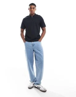 Jack & Jones Waffle Zip Up Polo In Black For Men Black Beauty -Men Style Shop 206957495 3