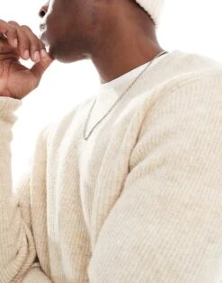 Jack & Jones Fluffy Rib High Neck Jumper In Beige For Men Summer Sand Melange -Men Style Shop 206957518 3