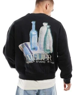 Jack & Jones Oversized Bottle Back Print Sweat In Black For Men