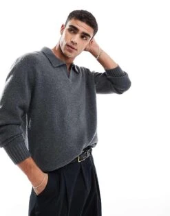 Jack & Jones Oversized Fluffy Knitted Polo In Dark Grey For Men Irongate -Men Style Shop 206957585 1 irongate 1