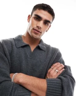 Jack & Jones Oversized Fluffy Knitted Polo In Dark Grey For Men Irongate -Men Style Shop 206957585 2