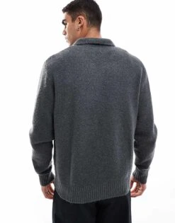 Jack & Jones Oversized Fluffy Knitted Polo In Dark Grey For Men Irongate -Men Style Shop 206957585 4