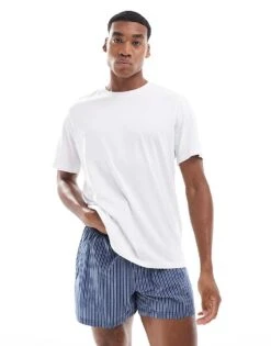 Jack & Jones Cotton Check Lounge Pyjama Short Set With T-shirt In White With Blue Stripe For Men White:bluestripe -Men Style Shop 206957677 1 whitebluestripe 1