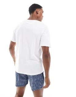 Jack & Jones Cotton Check Lounge Pyjama Short Set With T-shirt In White With Blue Stripe For Men White:bluestripe -Men Style Shop 206957677 2