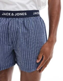 Jack & Jones Cotton Check Lounge Pyjama Short Set With T-shirt In White With Blue Stripe For Men White:bluestripe -Men Style Shop 206957677 3