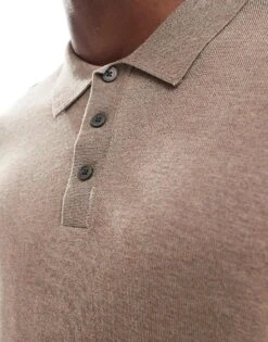 Jack & Jones Knitted Button Through Polo In Light Brown For Men Greige Melange -Men Style Shop 206957941 2