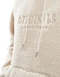 Jack & Jones Oversized Teddy Hoodie With Embroidered Logo In Beige For Men Oatmeal -Men Style Shop 206958189 2