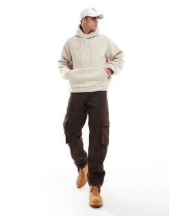 Jack & Jones Oversized Teddy Hoodie With Embroidered Logo In Beige For Men Oatmeal -Men Style Shop 206958189 3