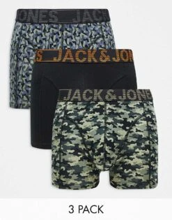 Jack & Jones 3 Pack Camo Trunks In Green For Men Black