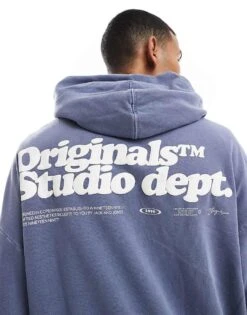 Jack & Jones Oversized Originals Back Print Hoodie In Washed Blue For Men Nightshadow Blue -Men Style Shop 206958867 4