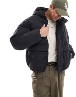 Jack & Jones Hooded Padded Coat With Pockets In Black For Men