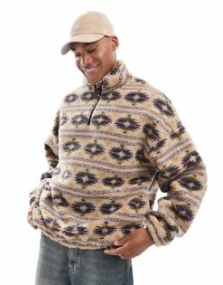 Jack & Jones Printed Heavy Borg Quarter Zip In Beige For Men