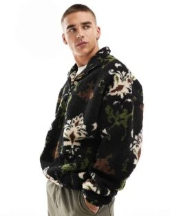 Jack & Jones Printed Heavy Borg Quarter Zip In Black For Men