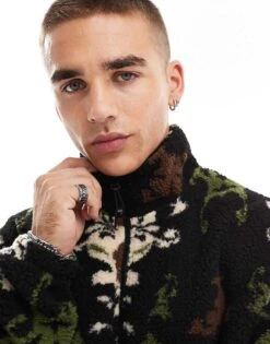 Jack & Jones Printed Heavy Borg Quarter Zip In Black For Men -Men Style Shop 206983160 4