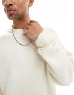 Jack & Jones Oversized Fluffy Crew Neck Jumper In Cream For Men Sea Salt -Men Style Shop 207073619 4