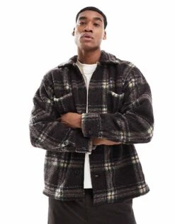 Jack & Jones Borg Shacket In Brown Check For Men Chocolate Torte Chec