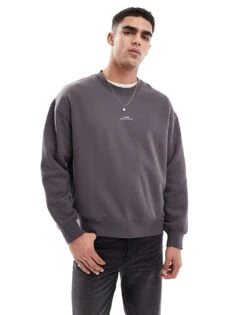 Jack & Jones Oversized Back Print Crew Neck Sweatshirt In Dark Grey For Men Pavement -Men Style Shop 207073701 2