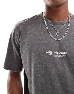 Jack & Jones Oversized Originals Chest Logo T-shirt In Washed Grey For Men Iron Gate -Men Style Shop 207073896 4