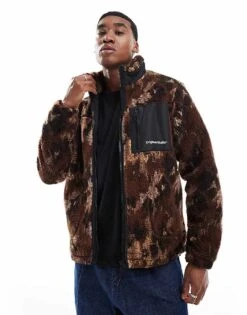 Jack & Jones Zip Through Borg Fleece In Brown Print For Men Chocolate Lab Detail
