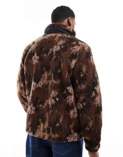 Jack & Jones Zip Through Borg Fleece In Brown Print For Men Chocolate Lab Detail -Men Style Shop 207073994 3