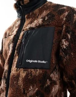 Jack & Jones Zip Through Borg Fleece In Brown Print For Men Chocolate Lab Detail -Men Style Shop 207073994 4