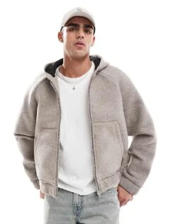 Jack & Jones Hooded Faux Wool Bomber Jacket In Grey For Men Grey Melange Detail: