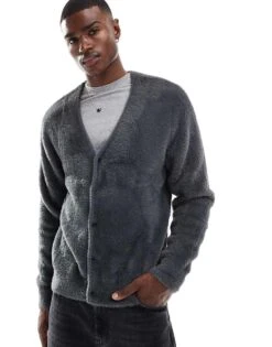 Jack & Jones Oversized Fluffy Cardigan In Dark Grey For Men Iron Gate -Men Style Shop 207074280 1 irongate 1