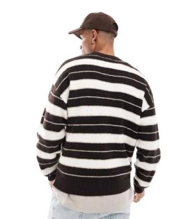 Jack & Jones Oversized Fluffy Striped Crew Neck Jumper In Brown For Men Chocolate Torte -Men Style Shop 207118536 4