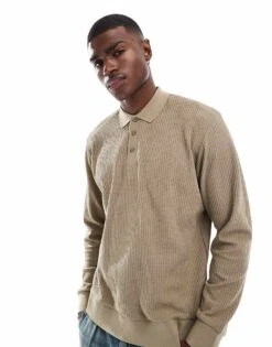 Jack & Jones Knitted Long Sleeve Textured Polo In Beige For Men Greige -Men Style Shop 207340406 1 greige 1