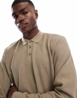 Jack & Jones Knitted Long Sleeve Textured Polo In Beige For Men Greige -Men Style Shop 207340406 2