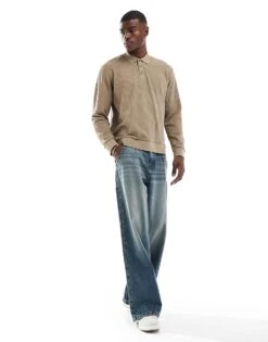 Jack & Jones Knitted Long Sleeve Textured Polo In Beige For Men Greige -Men Style Shop 207340406 3