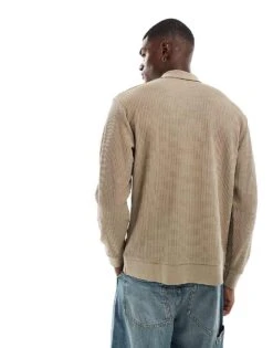 Jack & Jones Knitted Long Sleeve Textured Polo In Beige For Men Greige -Men Style Shop 207340406 4