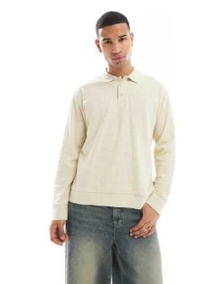 Jack & Jones Knitted Long Sleeve Textured Polo In Ecru For Men Almond Milk