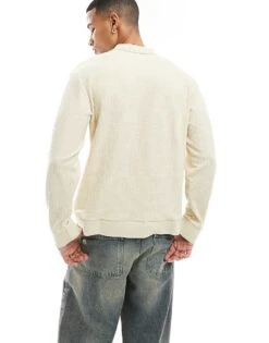 Jack & Jones Knitted Long Sleeve Textured Polo In Ecru For Men Almond Milk -Men Style Shop 207340509 4